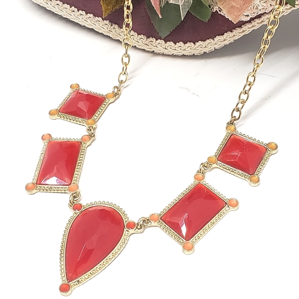 Stunning Ruby Red Tear Drop & Square Gold Stateme… - image 1